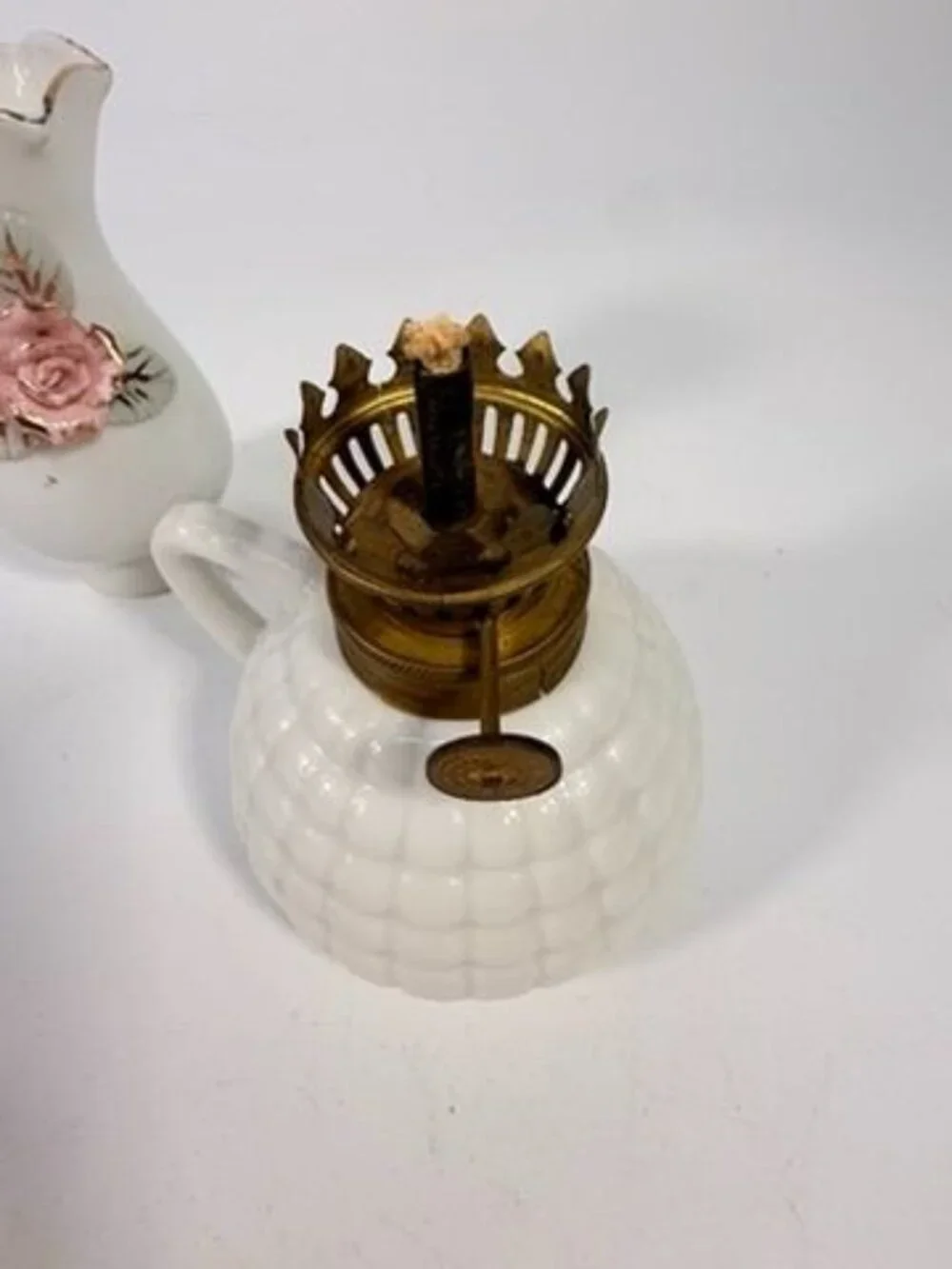 Mini Finger Oil Lamp Porcelain Ceramic Raised Rose Shade Chimney Vintage Home De - Picture 14 of 16